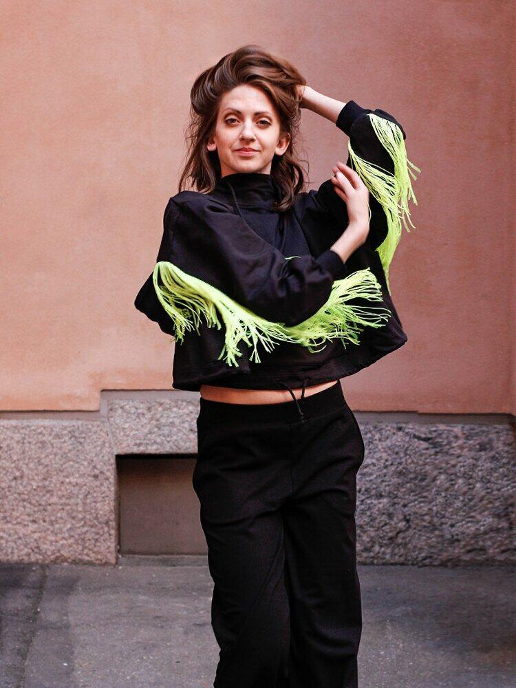 Yolandi Crop Hoodie, Black/Neon Fringe