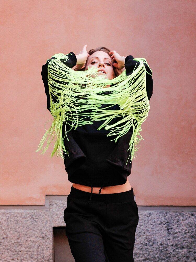 Yolandi Crop Hoodie, Black/Neon Fringe