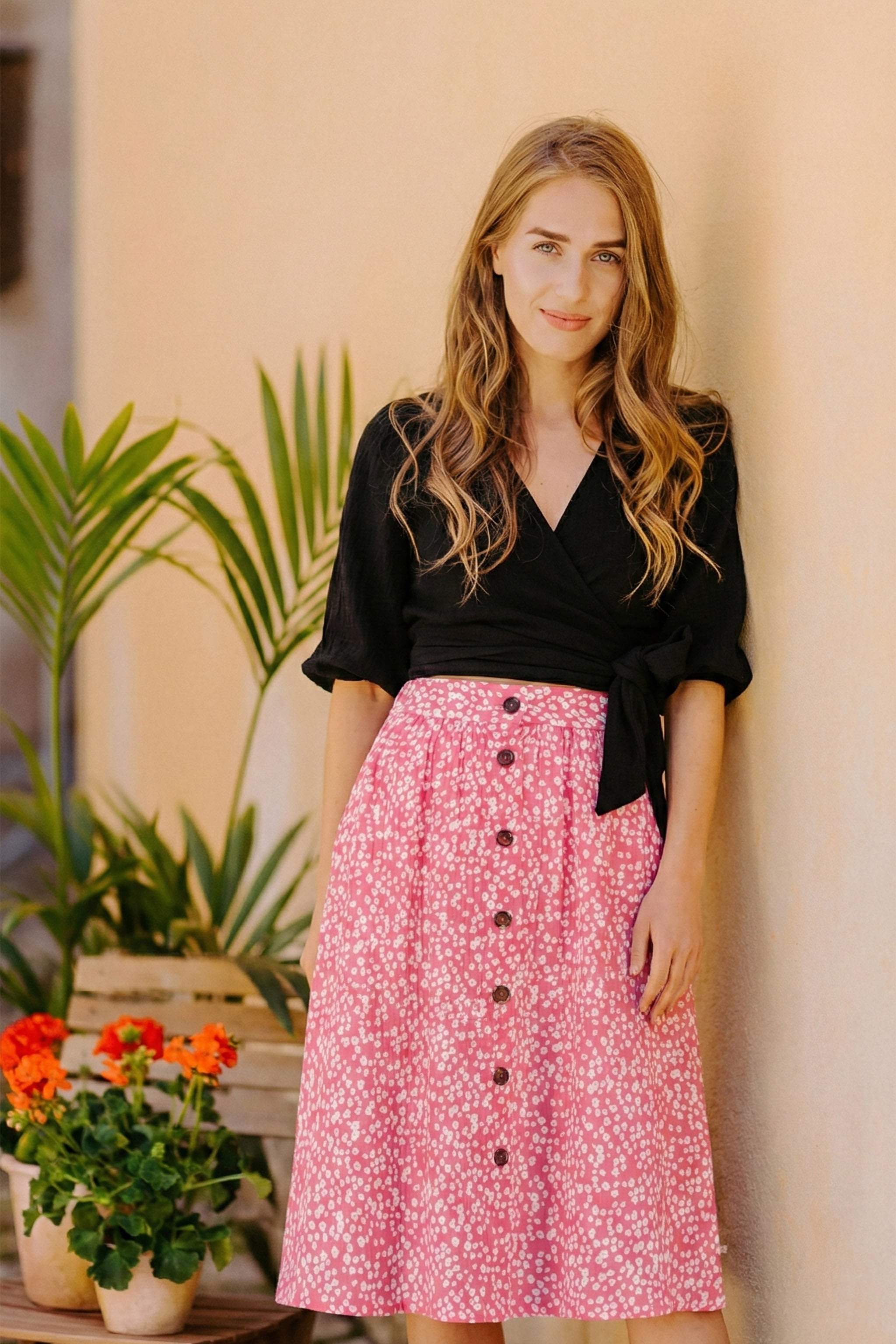 Button Skirt, Flora Pink