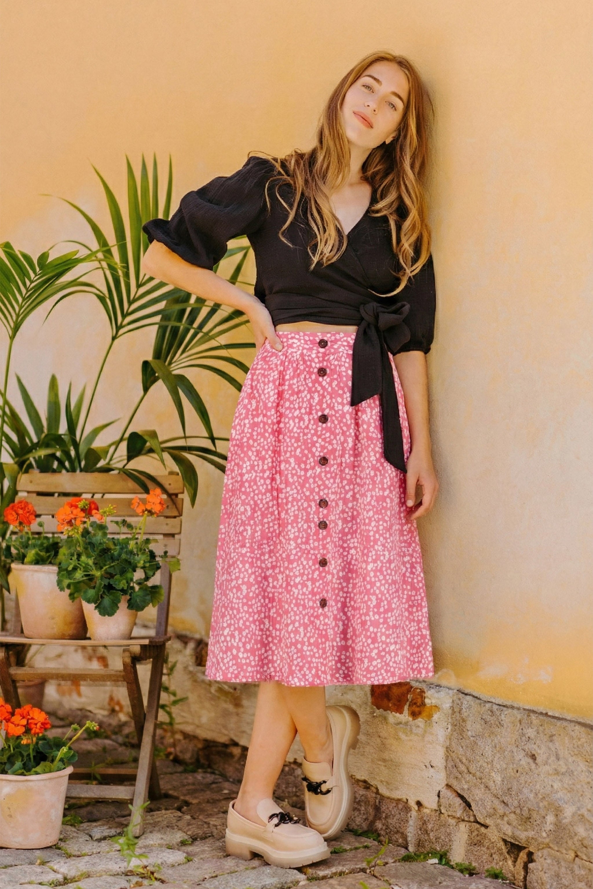 Button Skirt, Flora Pink