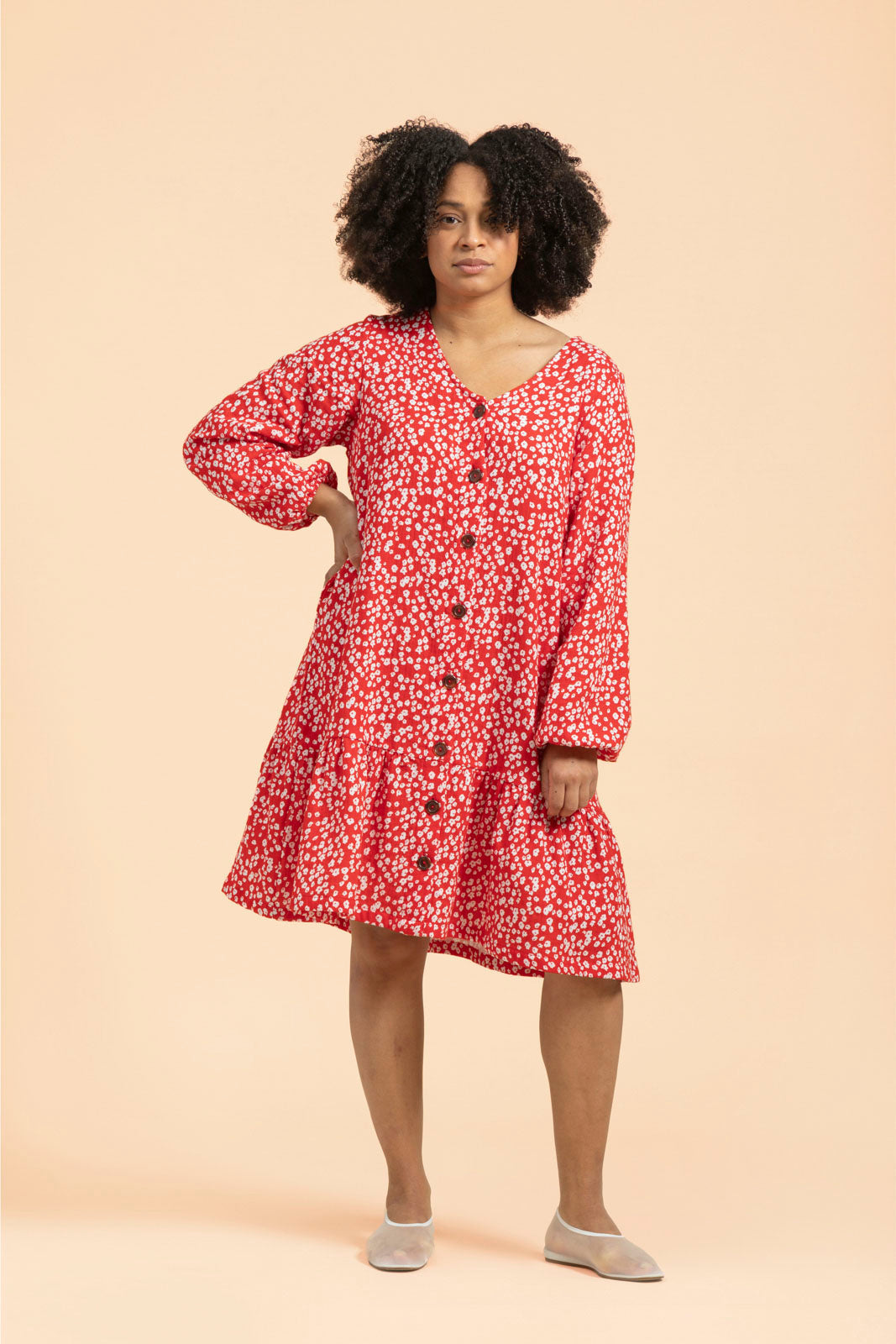 Ruffle Button Dress, Flora Red