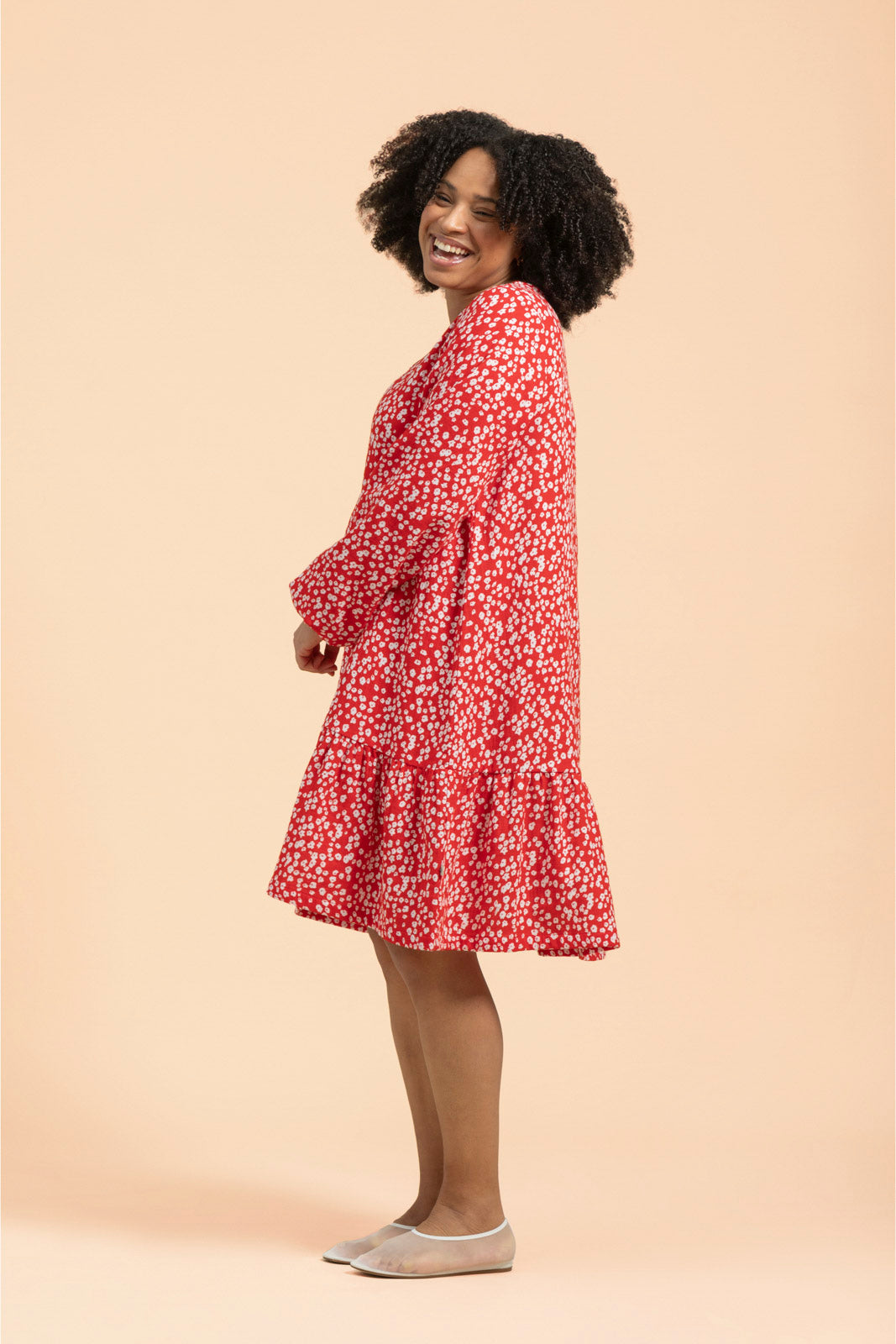 Ruffle Button Dress, Flora Red