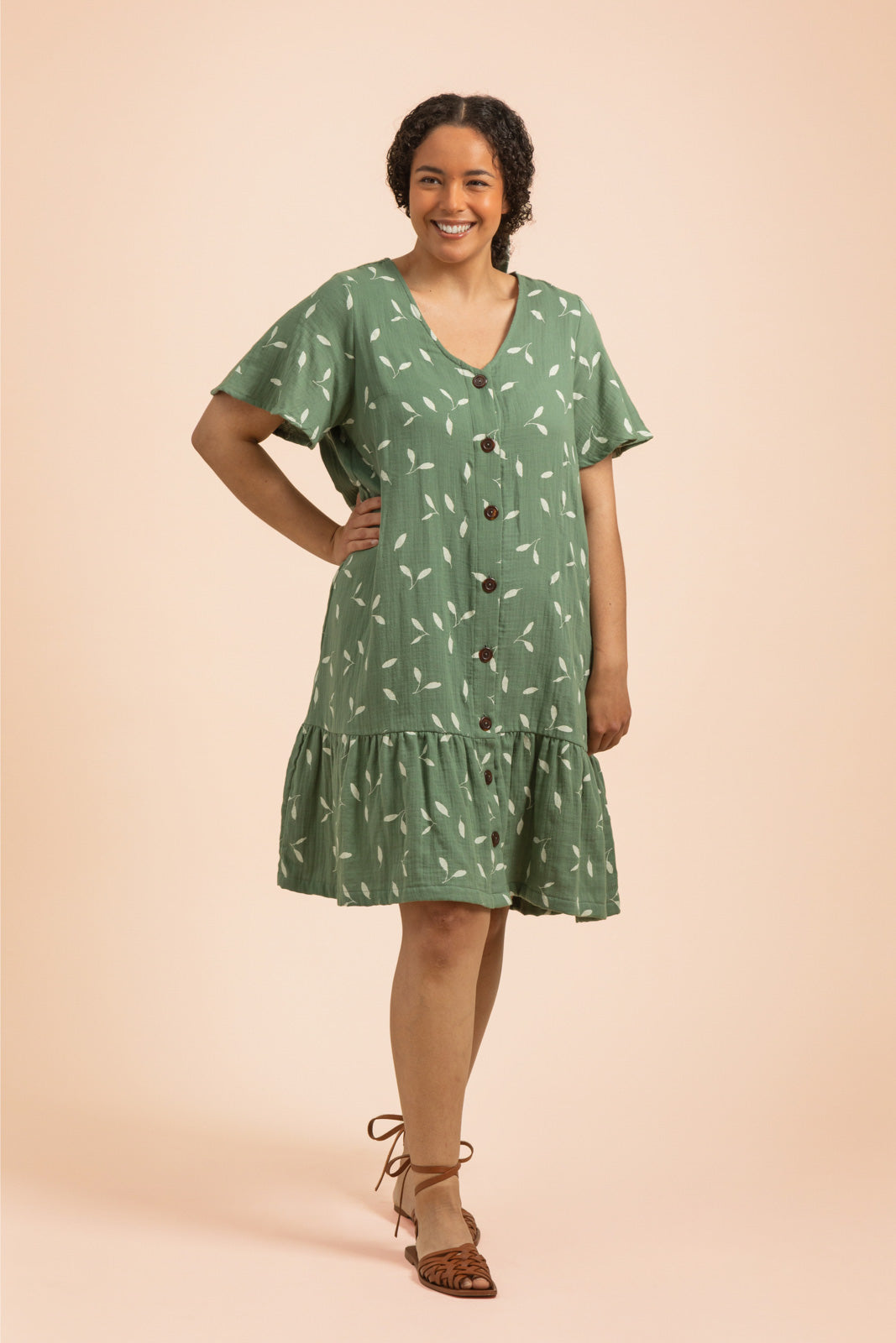 Frill Button Dress, Sage Wind