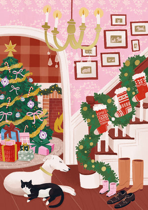 Joulukortti Kaisu Sandberg - Portaikko, Kissa ja Koira