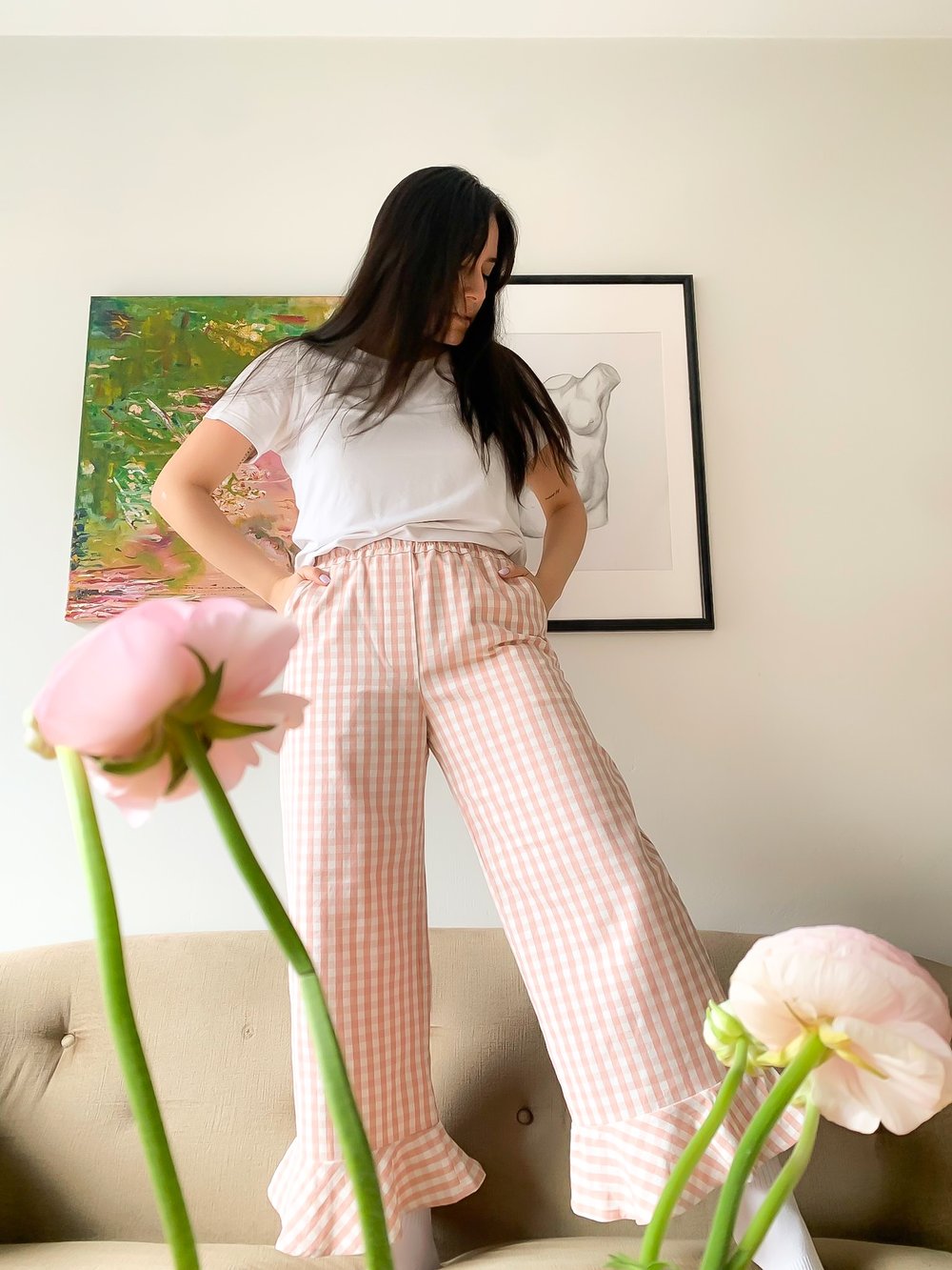 Ruutu Frilla Pants, White pink